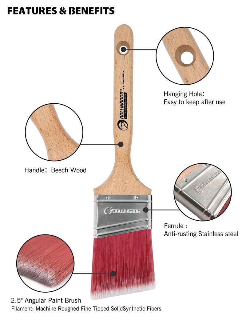 ROLLINGDOG 2.5 inch Angular Paint Brush for Walls with Machine Roughed Fine Edging Filaments,Great for Cutting in and Trim - Image 3